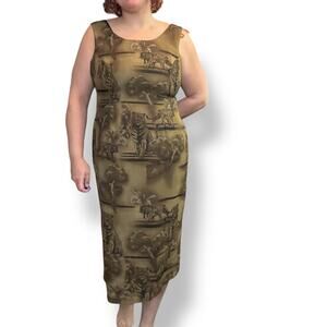 Vintage Olivia Rose midi shift dress olive green with tiger print 16P